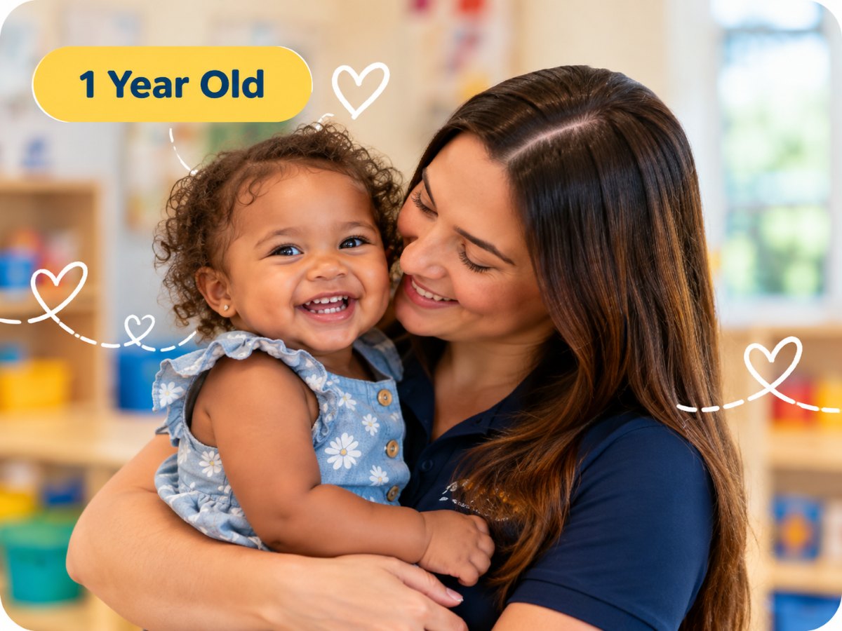 1 year old: a Family Affair teacher hugging a smiling toddler