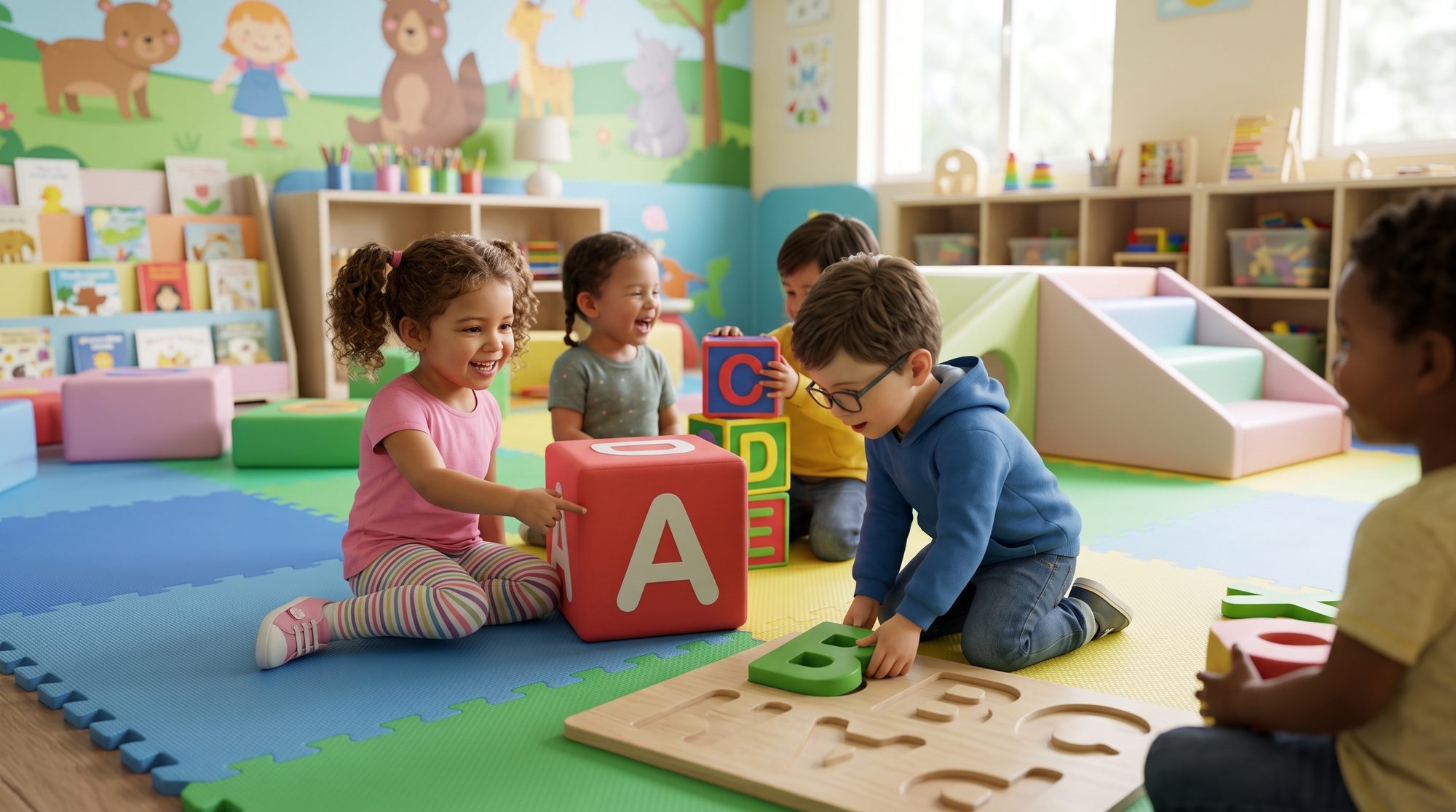 Preschoolers building with alphabet blocks
