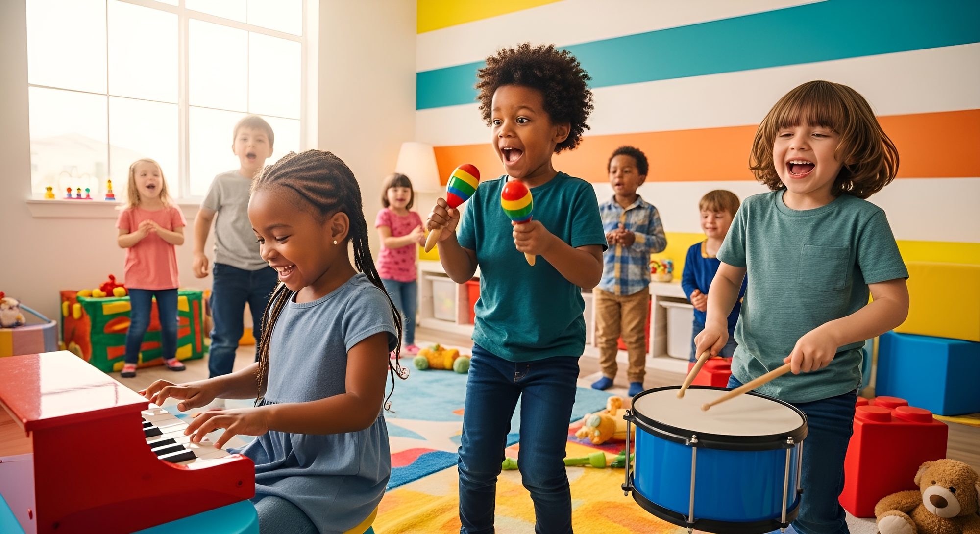 Children in a music class with instruments