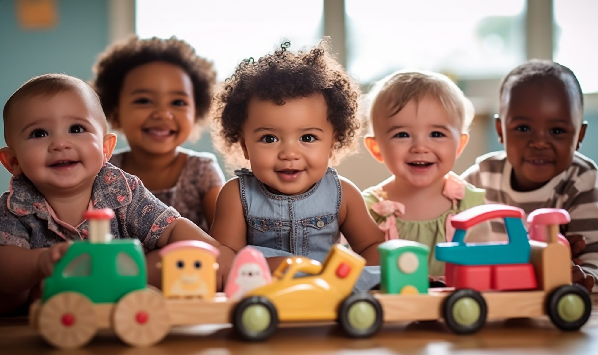 A group of toddlers playing with a wooden train in a bright classroom