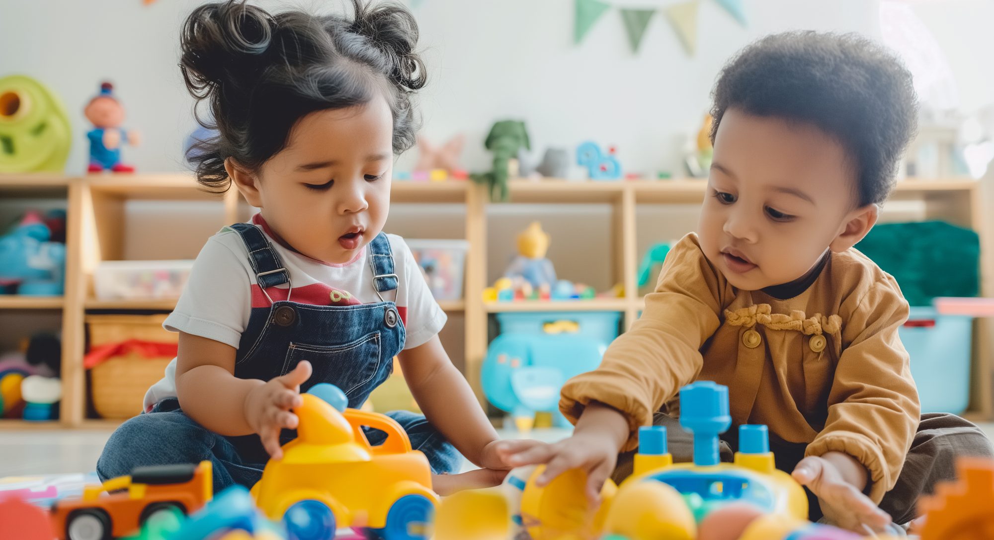 Two-year-olds playing with toy cars in the classroom