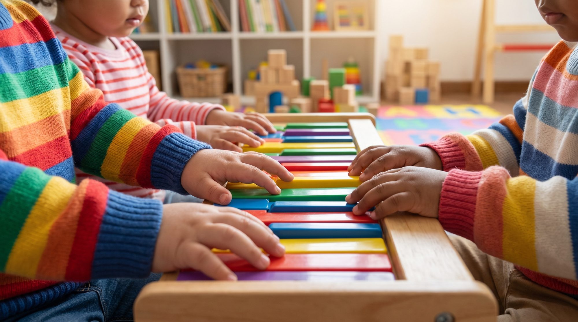 Children&rsquo;s hands playing a xylophone together